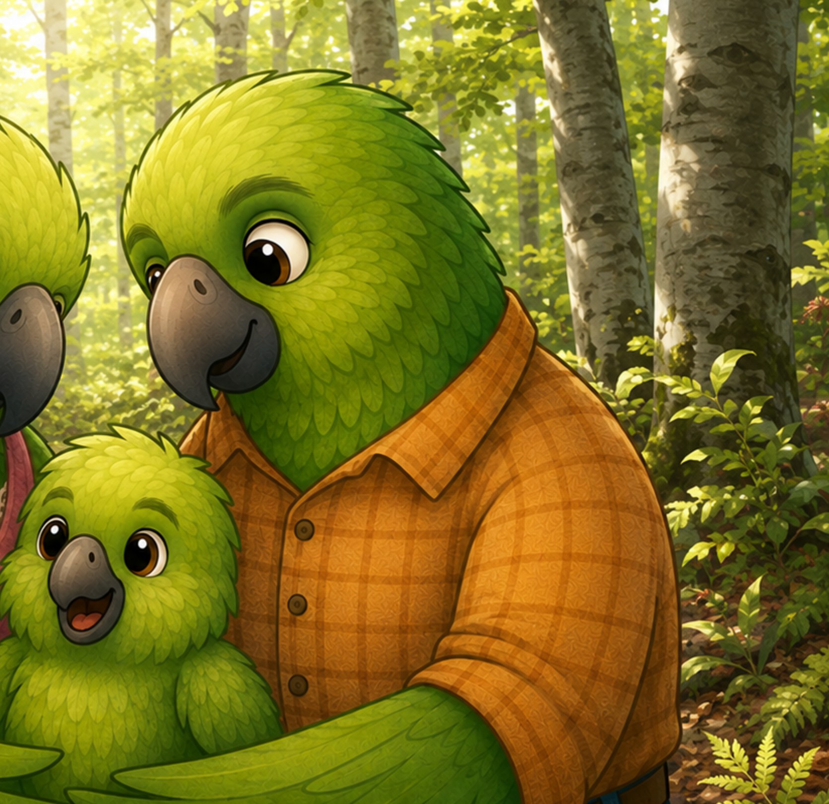 Mummy and Daddy Parrot cuddle Baby Kea in the forest.