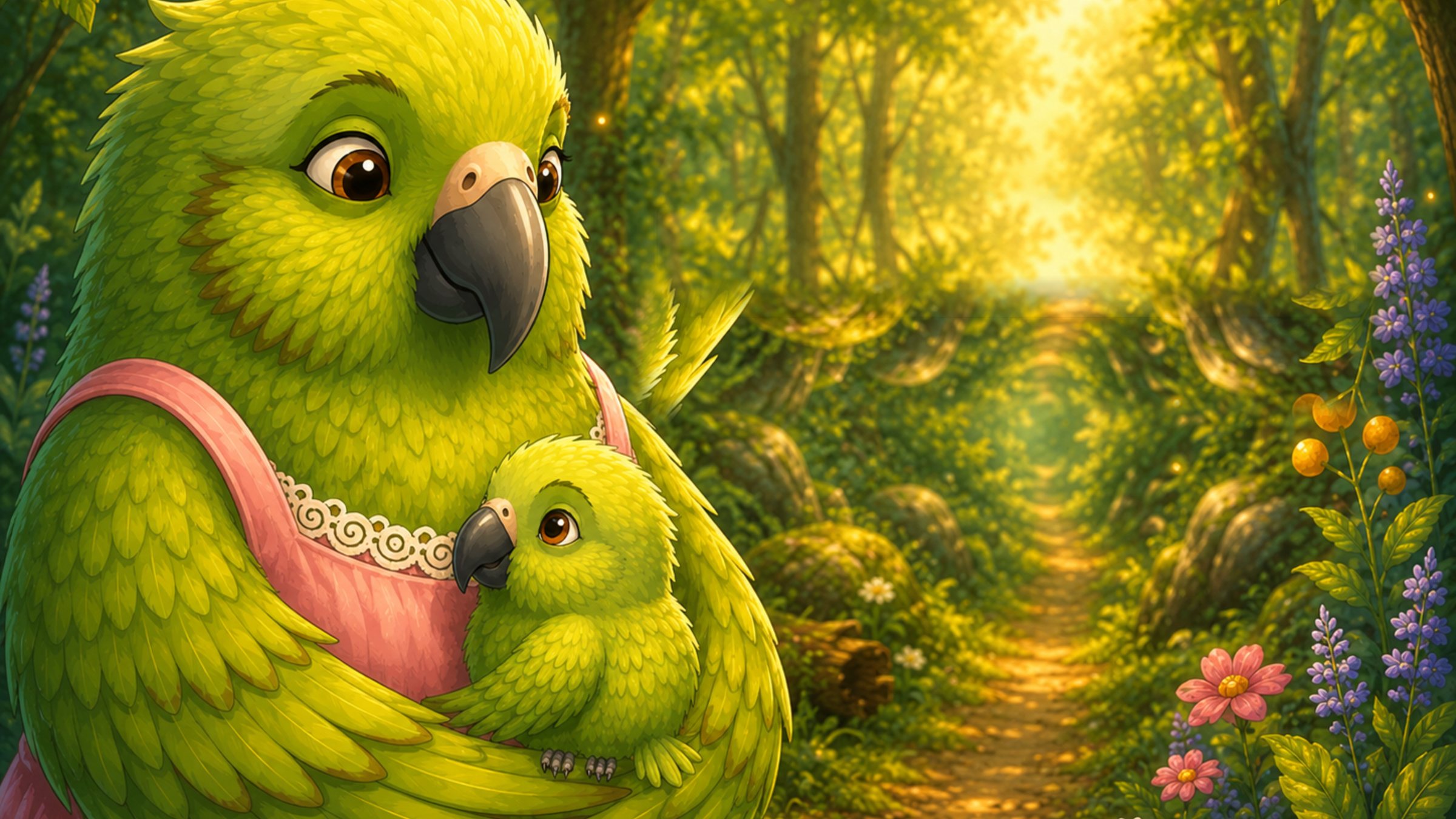 Mummy Parrot cradles Baby Kea in a sunlit beech forest.