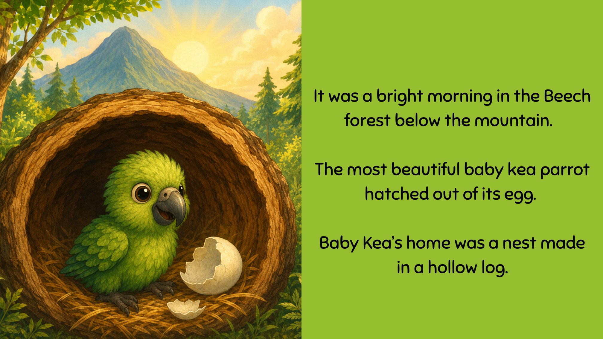 Sample spread: Baby Kea hatches in the nest.